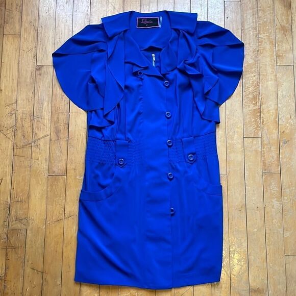 Blue 80’s Button and Zipper down Lu Luvia (lulumari) dress with pockets size L - Picture 1 of 11